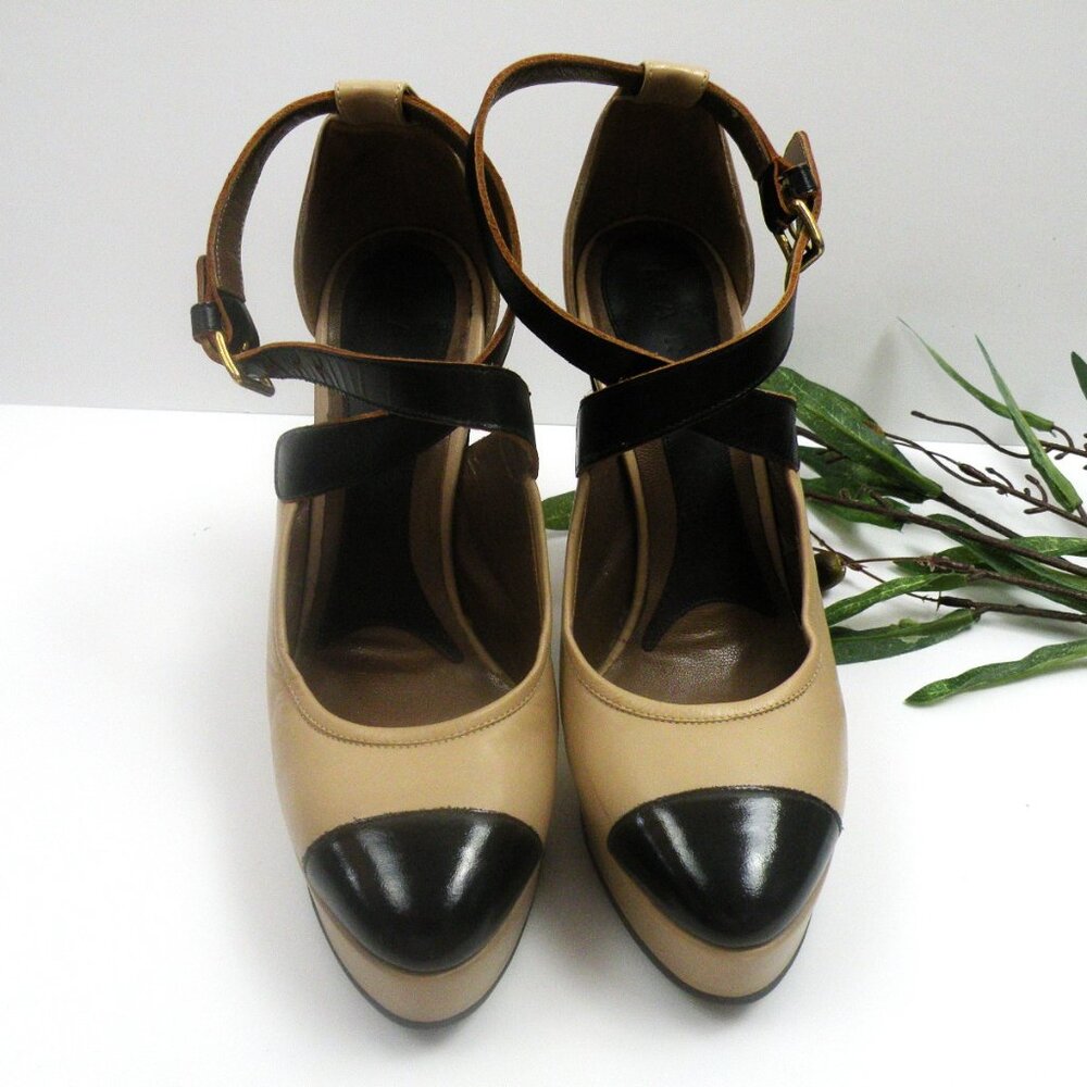 Worn Once! Marni Tan Black Cap Toe Heeled Mary Jane Shoes 38 (8) - Picture 3 of 9